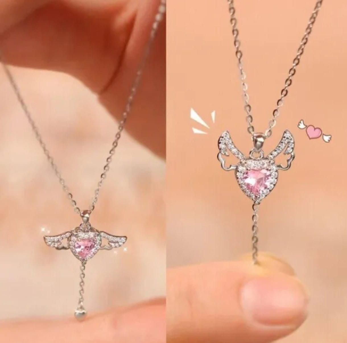 Silver Plated Chain With Heart Angel Wings Pendant